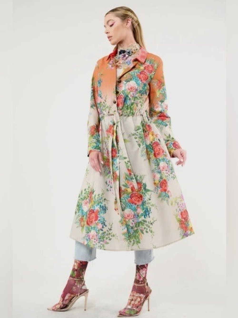 ARATTA Boho Luxe Floral Ombré Embellished Zinnia Shirt Dress withh Velvet Collar